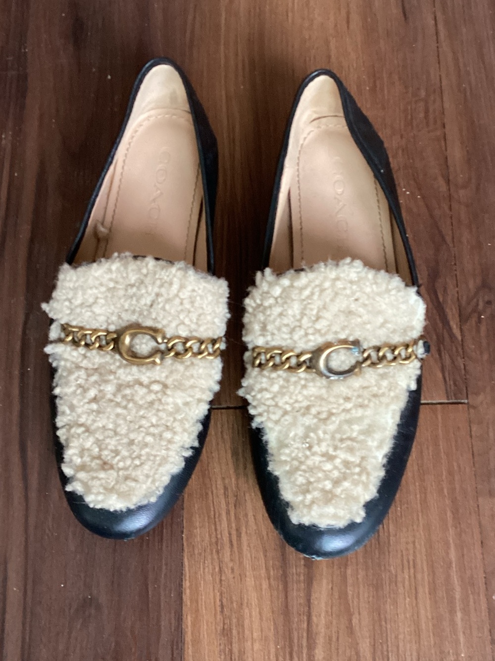 Coach Helena Shearling Black Leather Loafers with Cream Shearling and Gold Chain